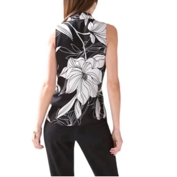 NEW WHBM Sleeveless Blouse V-neck Bold Magnolia Floral Black White Size XS - Picture 3 of 14